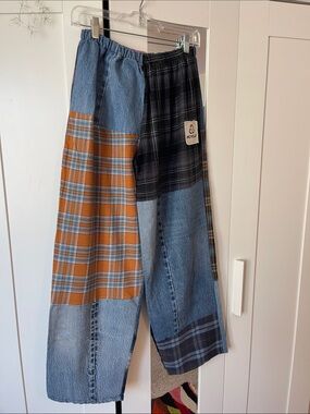 Patchwork Relaxed Women’s Jeans - Blue & Orange Plaid